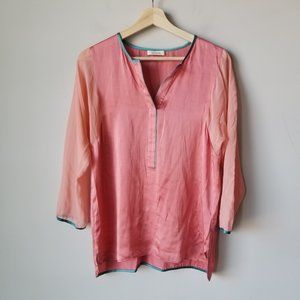 Sundance Sheer Silk Sleeve Pink Green Trim Blouse